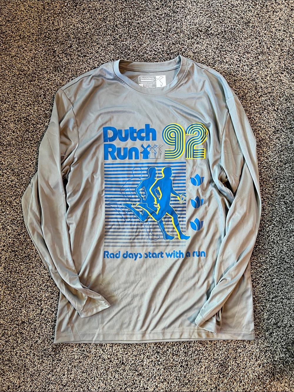 Dutch Bros Gray Long-Sleeve Performance Tee with Blue and Yellow Graphic